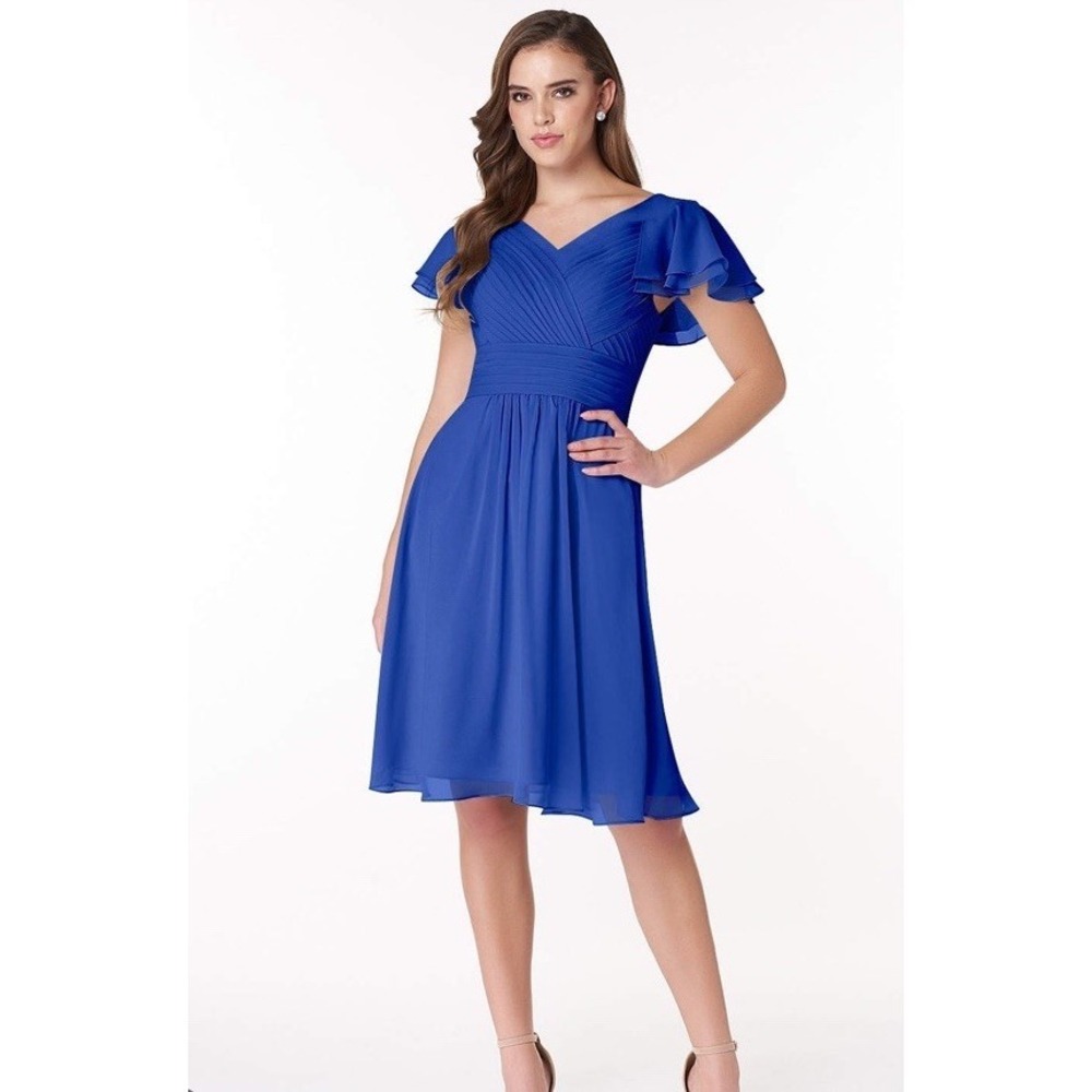 Azazie Hadley Bridesmaid Dress A4 Sz 4 Royal Blue Knee Length Chiffon Modest NWT